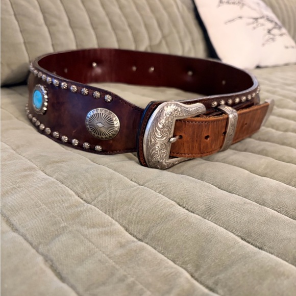 Turquoise and Silver Leather Belt - Picture 1 of 10